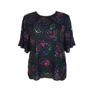 Vintage Laurence Kazar Beaded Sequin Top Black Multicolor Paisley 2X Silk